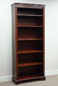 Reproduction mahogany open bookcase with adjustable shelves, W77cm, H184cm,