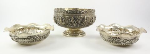Indian 19th/20th century embossed white metal pedestal bowl and two dishes stamped Raj Budreed Asba