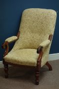 Victorian walnut framed upholstered armchair, scrolled arms,