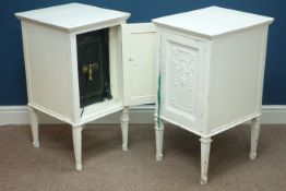 Late 19th century white painted bedside cabinets, one fitted with velvet lined cast iron safe,