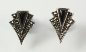 Pair of onyx and marcasite ear-rings stamped 925 Condition Report <a