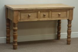 Traditional pine three drawer dresser base, turned legs, W129cm, H78cm,