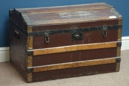 Early 20th century dome top wooden bound travelling trunk,