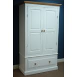 White painted double wardrobe with light oak detail, single drawer, W112cm, H195cm,