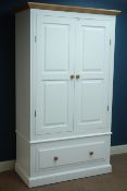 White painted double wardrobe with light oak detail, single drawer, W112cm, H195cm,