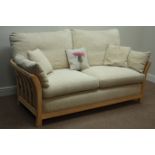 Light ash framed three seat sofa (W184cm), and matching two seat sofa (W178cm),