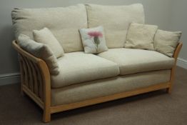 Light ash framed three seat sofa (W184cm), and matching two seat sofa (W178cm),