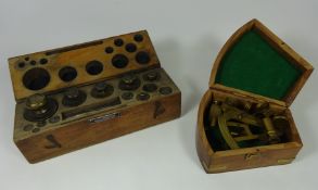 Brass reproduction sextant stamped Stanley London & a part set of Gallenkamp brass weights 1kg-2grm,
