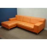 Corner sofa upholstered in orange leather, W255cm,