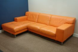 Corner sofa upholstered in orange leather, W255cm,