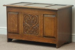Medium oak panelled blanket box with carved detail, hinged lid, W92cm, H56cm,