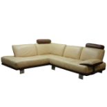 Large two tone brown and cream leather corner sofa, W270cm,