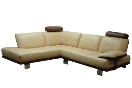 Large two tone brown and cream leather corner sofa, W270cm,