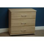 Oak finish three drawer chest (W78cm, H77cm, D42cm), and matching bedside chest (W42cm, H77cm,