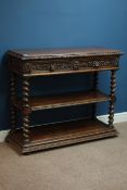 Victorian carved oak three tier buffet stand, barley twist, two drawers with lion mask handles,