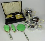 Art Deco cased hand mirror and brush by James Walter Tiptaft, enamelled dressing table set,