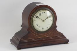 Edwardian mahogany mantle clock, boxwood stringing, barrel movement,