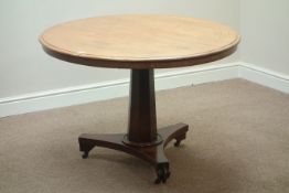 Victorian mahogany circular tilt top table, on octagonal column, trefoil platform base, D103cm,