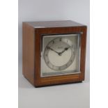 Art Deco period walnut cased mantle clock, silvered dial signed 'Mappin & Webb',