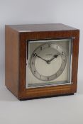 Art Deco period walnut cased mantle clock, silvered dial signed 'Mappin & Webb',