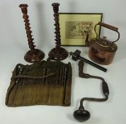 Pair of barley twist walnut candle sticks, copper kettle, hand drill and drill bits,
