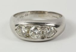 Gentleman's three stone diamond white gold ring hallmarked 18ct diamonds approx 1 carat