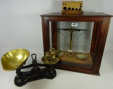 Set of Libra scales and weights and a chemical balance and a boxed metric weights