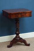 Victorian figured mahogany work box, carved pedestal with splayed legs, W50cm, H72cm,