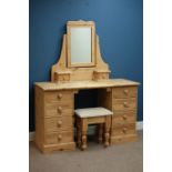 Pine twin pedestal dressing table, eight drawers, raised mirror back with two drawers and stool,