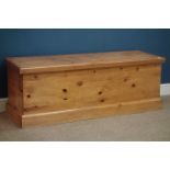 Polished pine blanket box, hinged lid, W138cm, H50cm,