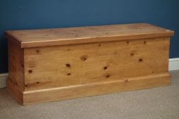 Polished pine blanket box, hinged lid, W138cm, H50cm,