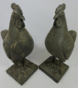 Pair standing cockerels on plinth, W20cm,