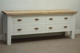 Painted four drawer dresser with waxed pine top, W198cm, H78cm,