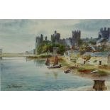 View of Conwy Castle from the River, watercolour signed J W Stedman (1918-),