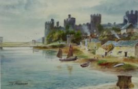 View of Conwy Castle from the River, watercolour signed J W Stedman (1918-),