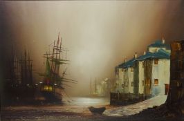 Harbour Scene at Dusk, oil on canvas signed by Barry Hilton (1941-), 49cm x 64cm