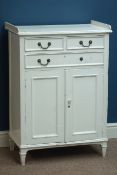 19th century painted pine cabinet, two panelled doors, with two short and one long drawer, W65cm,