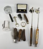Four vintage pocket knives, multi tool, candle snuffers, magnifying glass,