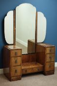 Art Deco period figured walnut drop centre dressing table, seven drawers, triple mirror back,