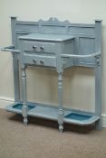 Edwardian waxed grey painted two drawer hall stand, W94cm, H96cm,