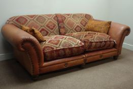 Tetrad Eastwood four seat sofa, leather upholstery with Kilim chenille loose cushions,