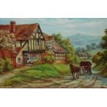 Rural Scene of Houses, Figures and Horses Pulling Cart, oil on canvas signed by