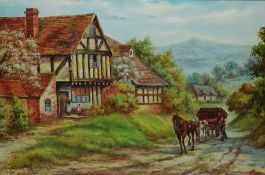 Rural Scene of Houses, Figures and Horses Pulling Cart, oil on canvas signed by