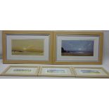 Seascape Scenes, pair colour prints 20cm x 40cm and Beach Huts and Parasols,