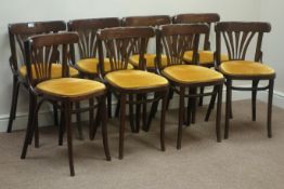 Set seven mid to late 20th century bentwood stained beech chairs, curved back supports,