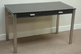 Pair faux leather two drawer desks (W121cm, H73cm, D60cm),