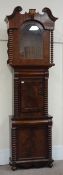 Victorian figured mahogany longcase clock case, carved swan neck pediment,