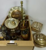 Silver plate entree dishes, ladle, brass lamp,