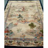 Large Chinese washed woollen rug carpet, beige ground with blue border,