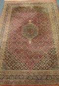 Persian Bidjar pale red ground rug with green boarders, Heratti motif,